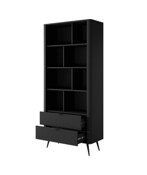 Czarny Regał LETNA z szufladami – regał z półkami i 2 szufladami do salonu i biura na wysokich nóżkach