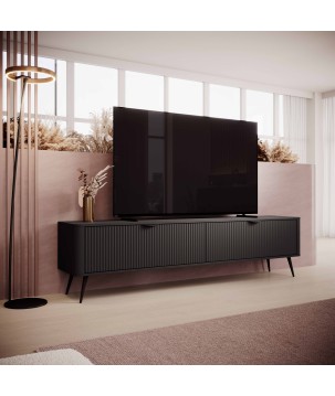 Czarna Szafka RTV LETNA 200 cm 2D – szafka pod telewizor na nóżkach do salonu z frezowanymi frontami