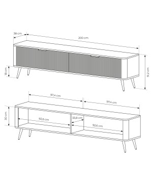 Czarna Szafka RTV LETNA 200 cm 2D – szafka pod telewizor na nóżkach do salonu z frezowanymi frontami
