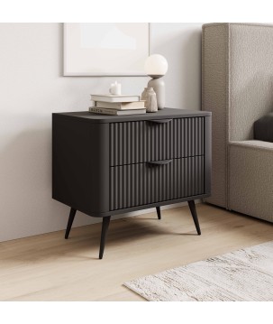 Czarny Stolik/Szafka nocna LETNA 2 szuflady frezowane fronty metalowe nogi do sypialni