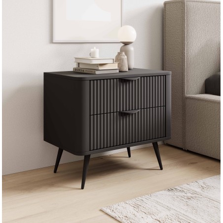 Czarny Stolik/Szafka nocna LETNA 2 szuflady frezowane fronty metalowe nogi do sypialni