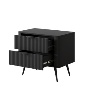 Czarny Stolik/Szafka nocna LETNA 2 szuflady frezowane fronty metalowe nogi do sypialni