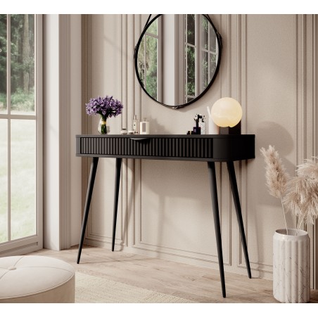 Czarna Toaletka LETNA z szufladą ryflowane fronty metalowe nogi do salonu sypialni przedpokoju