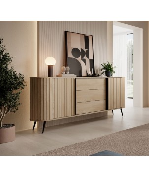 Komoda VILO 196 cm 2D3S Dąb Cremona – Nowoczesna z Ryflowanymi Frontami, Czarne Nogi