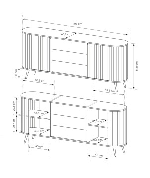 Komoda VILO 196 cm 2D3S Dąb Cremona – Nowoczesna z Ryflowanymi Frontami, Czarne Nogi