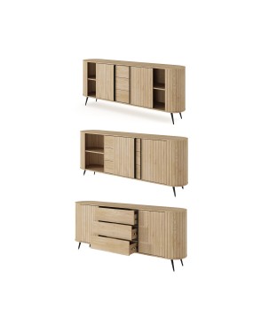 Komoda VILO 196 cm 2D3S Dąb Cremona – Nowoczesna z Ryflowanymi Frontami, Czarne Nogi