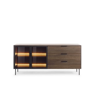 Komoda MILU 181 2D3S – Nowoczesna z Oświetleniem LED i Szkłem Flutes Ornamentowe, Push To Open DAB DUNIN 182x83x40 cm