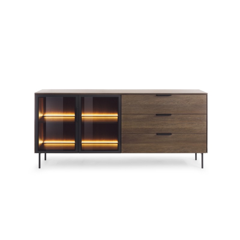 Komoda MILU 181 2D3S – Nowoczesna z Oświetleniem LED i Szkłem Flutes Ornamentowe, Push To Open DAB DUNIN 182x83x40 cm