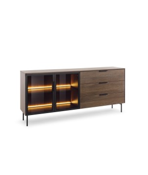 Komoda MILU 181 2D3S – Nowoczesna z Oświetleniem LED i Szkłem Flutes Ornamentowe, Push To Open DAB DUNIN 182x83x40 cm