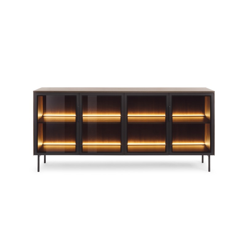 Komoda MILU 181 4D – Nowoczesna z Oświetleniem LED i Szkłem Flutes Ornamentowe, Push To Open DAB DUNIN 182x83x40 cm