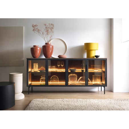 Komoda MILU 181 4D – Nowoczesna z Oświetleniem LED i Szkłem Flutes Ornamentowe, Push To Open DAB DUNIN 182x83x40 cm