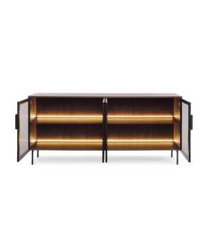 Komoda MILU 181 4D – Nowoczesna z Oświetleniem LED i Szkłem Flutes Ornamentowe, Push To Open DAB DUNIN 182x83x40 cm