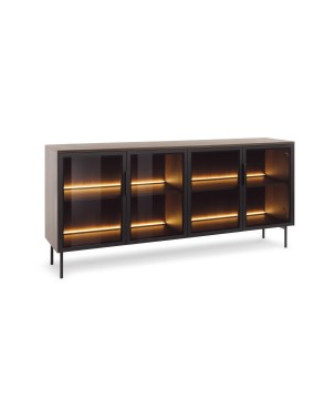 Komoda MILU 181 4D – Nowoczesna z Oświetleniem LED i Szkłem Flutes Ornamentowe, Push To Open DAB DUNIN 182x83x40 cm