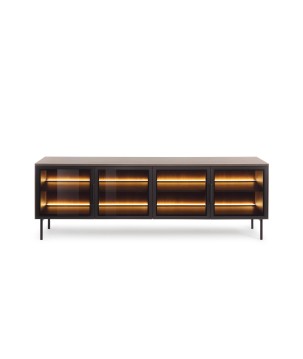 Stolik RTV MILU 181 4D – Nowoczesny z LED i Szkłem Flutes Ornamentowe, Push To Open DAB DUNIN 182x62x40 cm