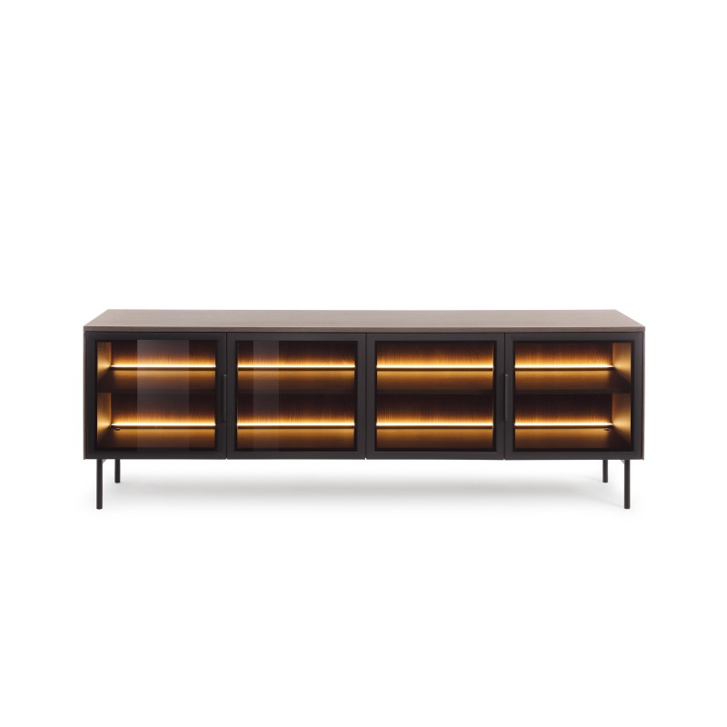 Stolik RTV MILU 181 4D – Nowoczesny z LED i Szkłem Flutes Ornamentowe, Push To Open DAB DUNIN 182x62x40 cm