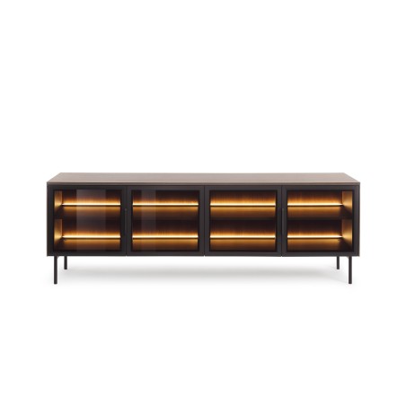 Stolik RTV MILU 181 4D – Nowoczesny z LED i Szkłem Flutes Ornamentowe, Push To Open DAB DUNIN 182x62x40 cm