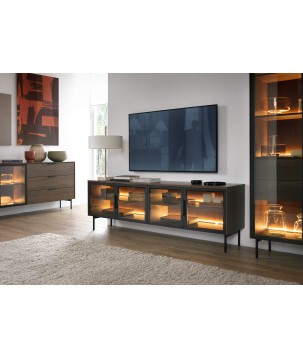 Stolik RTV MILU 181 4D – Nowoczesny z LED i Szkłem Flutes Ornamentowe, Push To Open DAB DUNIN 182x62x40 cm