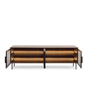 Stolik RTV MILU 181 4D – Nowoczesny z LED i Szkłem Flutes Ornamentowe, Push To Open DAB DUNIN 182x62x40 cm