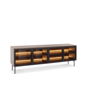 Stolik RTV MILU 181 4D – Nowoczesny z LED i Szkłem Flutes Ornamentowe, Push To Open DAB DUNIN 182x62x40 cm