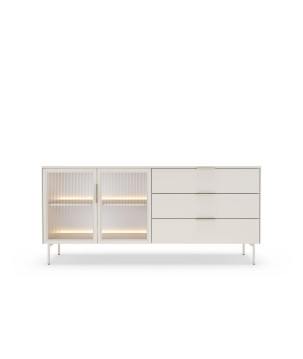 Komoda MILU 181 2D3S – Nowoczesna z Oświetleniem LED i Szkłem Flutes Ornamentowe, Push To Open KASZMIR 182x83x40 cm