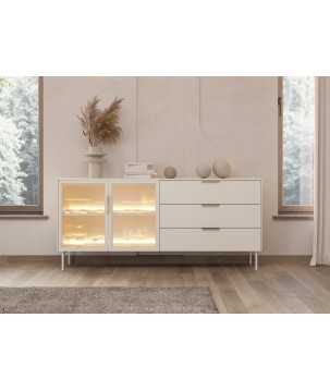 Komoda MILU 181 2D3S – Nowoczesna z Oświetleniem LED i Szkłem Flutes Ornamentowe, Push To Open KASZMIR 182x83x40 cm