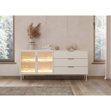 Komoda MILU 181 2D3S – Nowoczesna z Oświetleniem LED i Szkłem Flutes Ornamentowe, Push To Open KASZMIR 182x83x40 cm