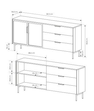 Komoda MILU 181 2D3S – Nowoczesna z Oświetleniem LED i Szkłem Flutes Ornamentowe, Push To Open KASZMIR 182x83x40 cm