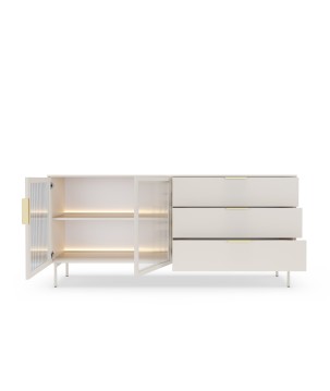 Komoda MILU 181 2D3S – Nowoczesna z Oświetleniem LED i Szkłem Flutes Ornamentowe, Push To Open KASZMIR 182x83x40 cm