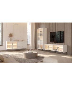 Komoda MILU 181 2D3S – Nowoczesna z Oświetleniem LED i Szkłem Flutes Ornamentowe, Push To Open KASZMIR 182x83x40 cm