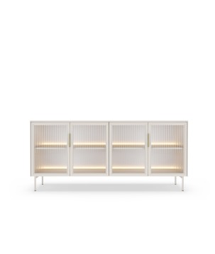 Komoda MILU 181 4D – Nowoczesna z Oświetleniem LED i Szkłem Flutes Ornamentowe, Push To Open KASZMIR 182x83x40 cm