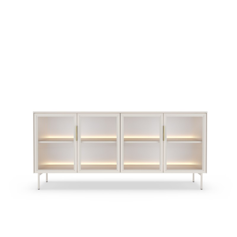 Komoda MILU 181 4D – Nowoczesna z Oświetleniem LED i Szkłem Flutes Ornamentowe, Push To Open KASZMIR 182x83x40 cm