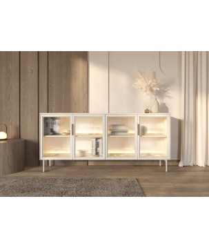 Komoda MILU 181 4D – Nowoczesna z Oświetleniem LED i Szkłem Flutes Ornamentowe, Push To Open KASZMIR 182x83x40 cm