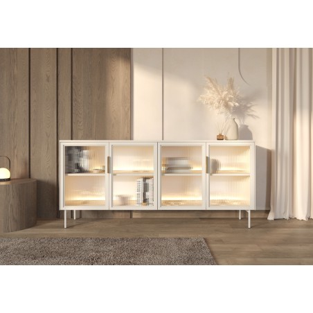 Komoda MILU 181 4D – Nowoczesna z Oświetleniem LED i Szkłem Flutes Ornamentowe, Push To Open KASZMIR 182x83x40 cm