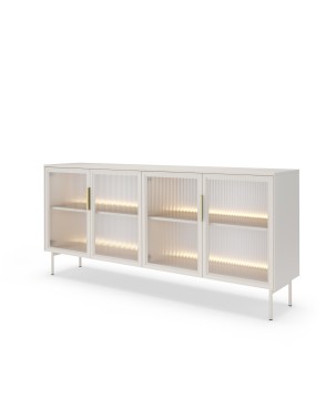 Komoda MILU 181 4D – Nowoczesna z Oświetleniem LED i Szkłem Flutes Ornamentowe, Push To Open KASZMIR 182x83x40 cm