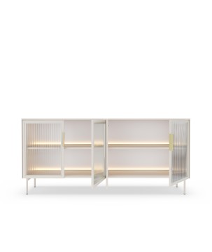 Komoda MILU 181 4D – Nowoczesna z Oświetleniem LED i Szkłem Flutes Ornamentowe, Push To Open KASZMIR 182x83x40 cm