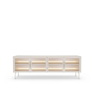 Stolik RTV MILU 181 4D – Nowoczesny z LED i Szkłem Flutes Ornamentowe, Push To Open KASZMIR 182x62x40 cm