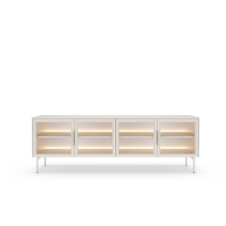 Stolik RTV MILU 181 4D – Nowoczesny z LED i Szkłem Flutes Ornamentowe, Push To Open KASZMIR 182x62x40 cm