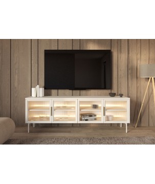 Stolik RTV MILU 181 4D – Nowoczesny z LED i Szkłem Flutes Ornamentowe, Push To Open KASZMIR 182x62x40 cm