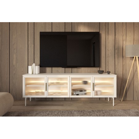 Stolik RTV MILU 181 4D – Nowoczesny z LED i Szkłem Flutes Ornamentowe, Push To Open KASZMIR 182x62x40 cm
