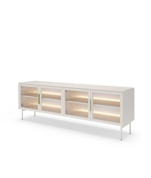 Stolik RTV MILU 181 4D – Nowoczesny z LED i Szkłem Flutes Ornamentowe, Push To Open KASZMIR 182x62x40 cm