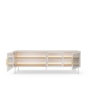 Stolik RTV MILU 181 4D – Nowoczesny z LED i Szkłem Flutes Ornamentowe, Push To Open KASZMIR 182x62x40 cm