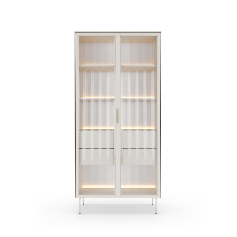 Witryna MILU 2D2S – Nowoczesna z Oświetleniem LED i Szkłem Flutes Ornamentowe, Push To Open KASZMIR 92x195x40 cm