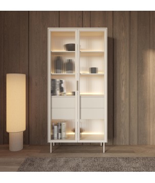 Witryna MILU 2D2S – Nowoczesna z Oświetleniem LED i Szkłem Flutes Ornamentowe, Push To Open KASZMIR 92x195x40 cm