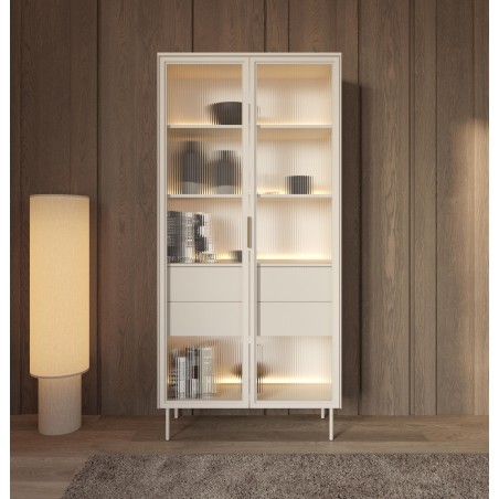 Witryna MILU 2D2S – Nowoczesna z Oświetleniem LED i Szkłem Flutes Ornamentowe, Push To Open KASZMIR 92x195x40 cm