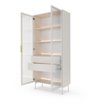 Witryna MILU 2D2S – Nowoczesna z Oświetleniem LED i Szkłem Flutes Ornamentowe, Push To Open KASZMIR 92x195x40 cm