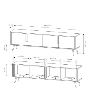 Stolik RTV VERA 186 cm 4D Kaszmir – Nowoczesna Szafka RTV do Salonu z Cichym Domykiem na Metalowych Nogach Glamour Loft