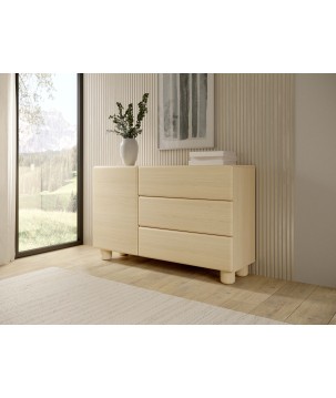 COMO komoda 130 cm 3 szuflady jasne drewno – nowoczesna komoda MDF, push-to-open, pełen wysuw, drewniane nogi, minimalistyczny d