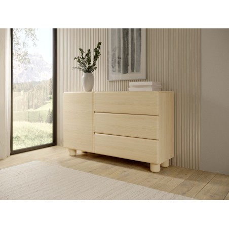 COMO komoda 130 cm 3 szuflady jasne drewno – nowoczesna komoda MDF, push-to-open, pełen wysuw, drewniane nogi, minimalistyczny d
