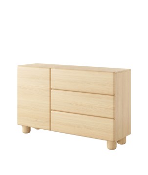 COMO komoda 130 cm 3 szuflady jasne drewno – nowoczesna komoda MDF, push-to-open, pełen wysuw, drewniane nogi, minimalistyczny d