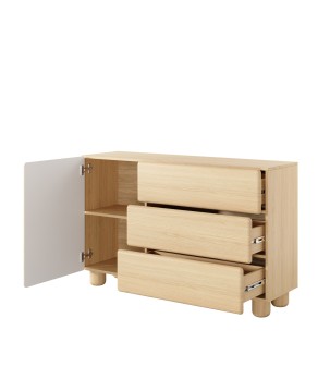 COMO komoda 130 cm 3 szuflady jasne drewno – nowoczesna komoda MDF, push-to-open, pełen wysuw, drewniane nogi, minimalistyczny d